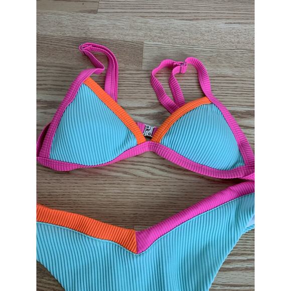 Womens Multi Colored 2 pc Bikini Ribbed Triangle Top Swimsuit Size S - Picture 2 of 5